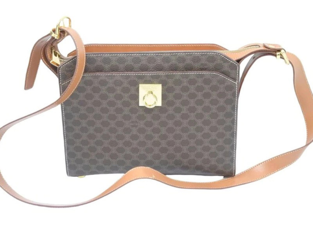 Celine PARIS Shoulder Bag Crossbody Brown Gold Macadam Leather